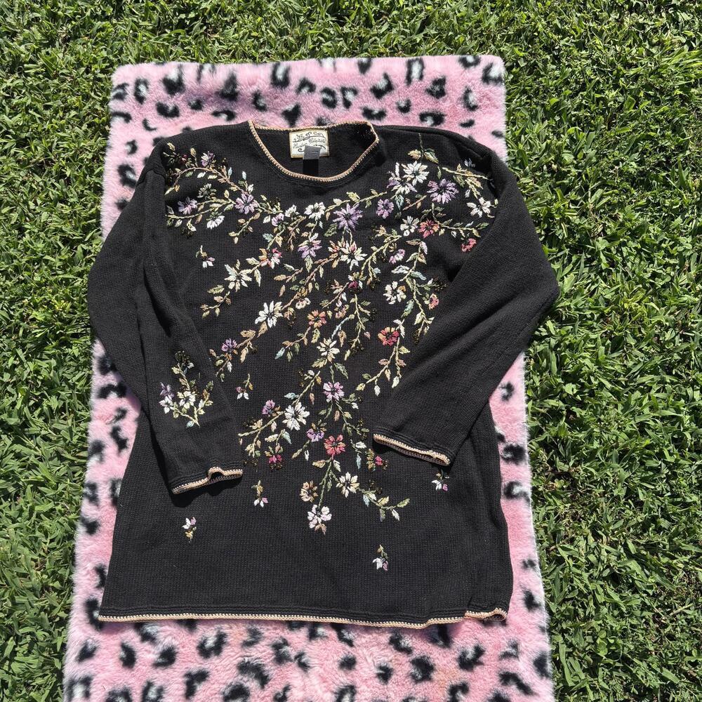 Vtg 90s Heirloom Collectibles floral embroidered beaded knit sweater - Picture 2 of 6